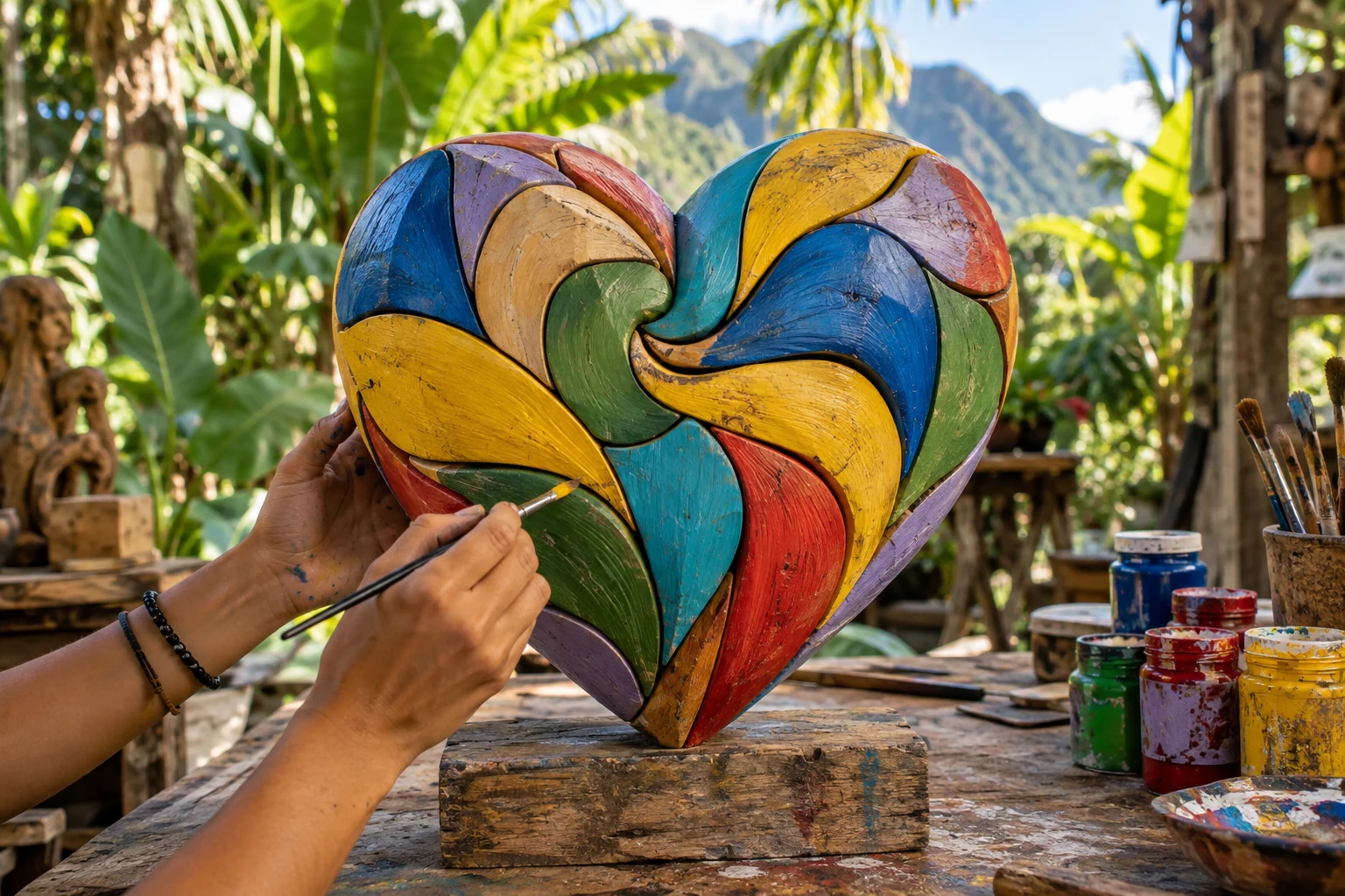 Un cœur multicolore en bois recyclé reçoit une dernière touche de peinture dans un atelier tropical.