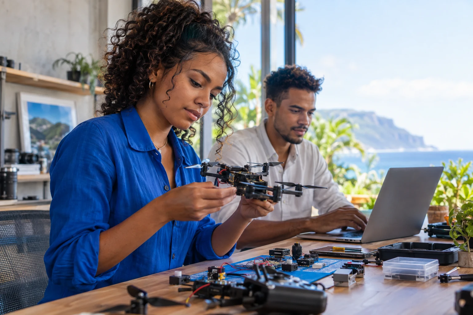 Deux jeunes créateurs développent un drone dans un atelier ouvert sur un paysage tropical.