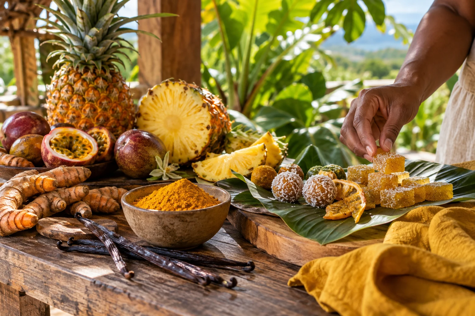 Ananas Victoria, fruits de la passion, curcuma et douceurs artisanales sur une table tropicale.